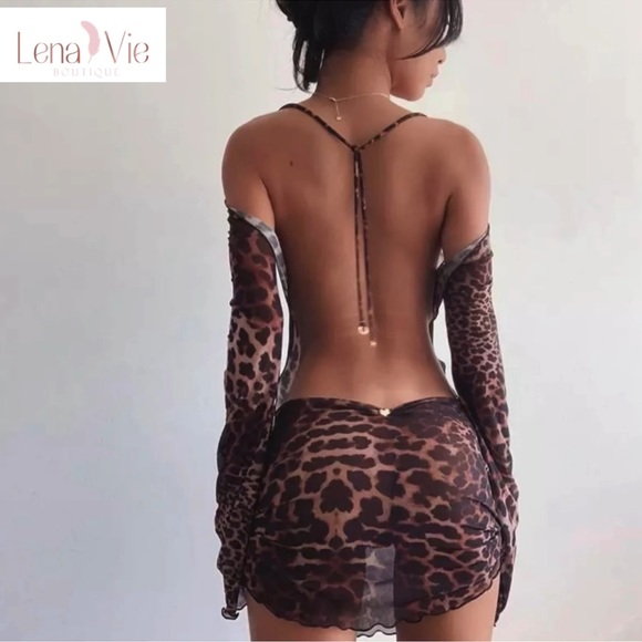 Babydoll Leo Backless Sheer Leopard Mini Dress, Backless Sexy Mesh Coverup - Picture 2 of 10